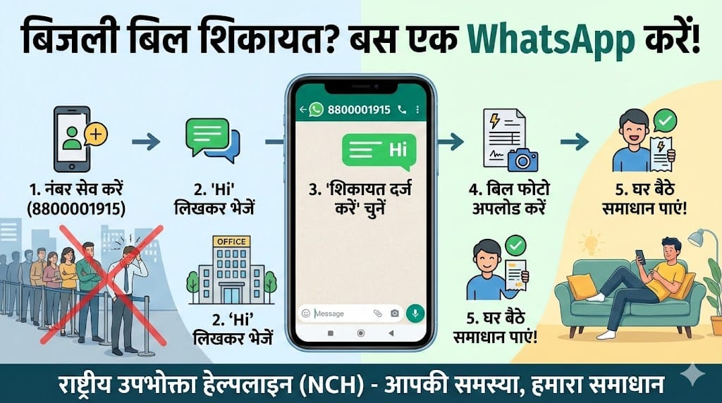 National Consumer Helpline WhatsApp Number 8800001915 for Electricity Bill Complaint Process in Hindi
