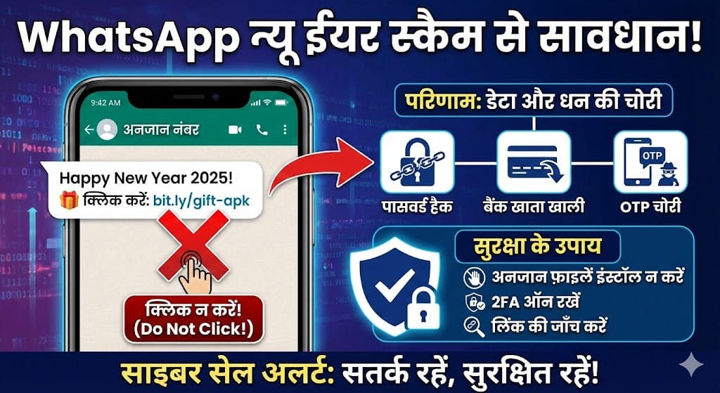 WhatsApp न्यू ईयर स्कैम अलर्ट: नकली ग्रीटिंग लिंक और APK मैलवेयर से सावधान रहें, जानें साइबर सेल की चेतावनी WhatsApp न्यू ईयर स्कैम अलर्ट