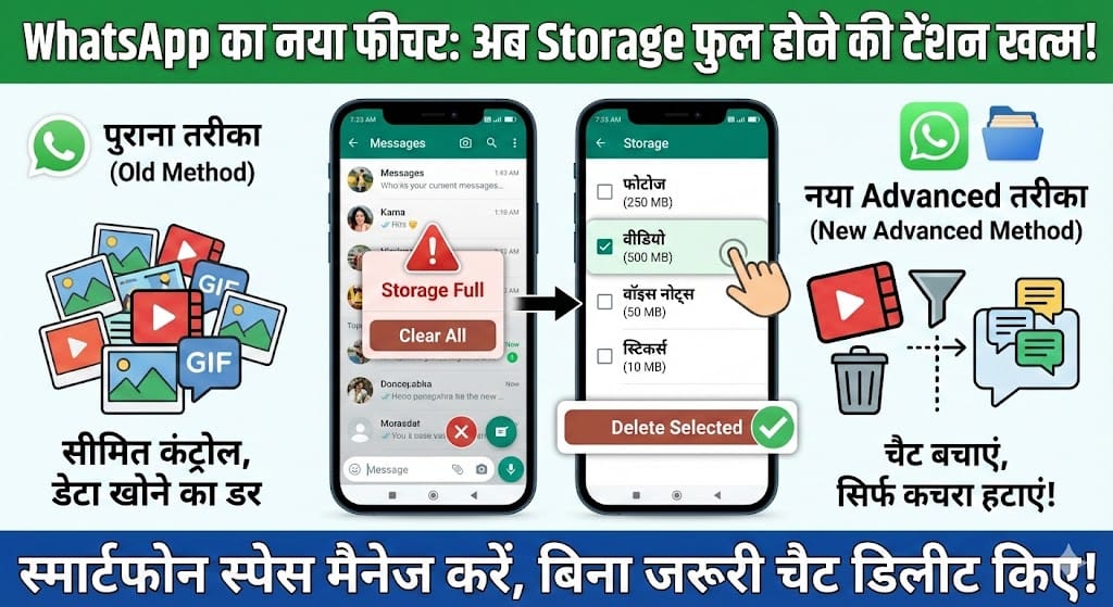 WhatsApp New Feature: अब Storage फुल होने की टेंशन खत्म! एक क्लिक में ऐसे मैनेज करें चैट WhatsApp New Feature: अब Storage फुल होने की टेंशन खत्म! एक क्लिक में ऐसे मैनेज करें चैट