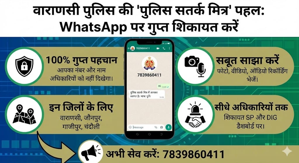 वाराणसी पुलिस ने लॉन्च किया WhatsApp चैटबॉट: 7839860411 पर करें गुप्त शिकायत, अपराधी होंगे गिरफ्तार वाराणसी पुलिस ने लॉन्च किया WhatsApp चैटबॉट