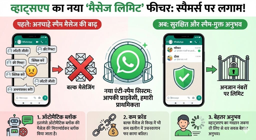 WhatsApp Spam Message Limit: अब स्पैमर्स की खैर नहीं, व्हाट्सएप ला रहा है नया मैसेज लिमिट फीचर WhatsApp Spam Message Limit