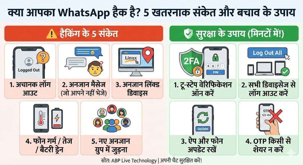 WhatsApp Hacking Alert: कहीं आपका व्हाट्सऐप हैक तो नहीं? इन 5 संकेतों से तुरंत जानें सच और ऐसे करें बचाव कहीं आपका व्हाट्सऐप हैक तो नहीं?