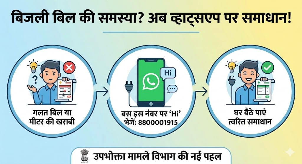 बिजली बिल की धांधली खत्म! अब व्हाट्सएप पर एक 'Hi' लिखकर ठीक करवाएं अपना गलत बिल, सरकार ने जारी किया नया नंबर। जागो ग्राहक जागो! बिजली विभाग की मनमानी पर लगाम लगाने आया सरकारी व्हाट्सएप नंबर, बस फोन में सेव करें यह एक डिजिट।