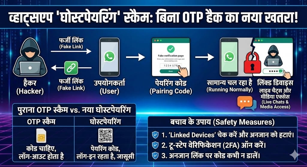 WhatsApp Ghostpairing Scam: बिना OTP के व्हाट्सएप हैक होने का नया तरीका, जानें सुरक्षा टिप्स WhatsApp Ghostpairing Scam