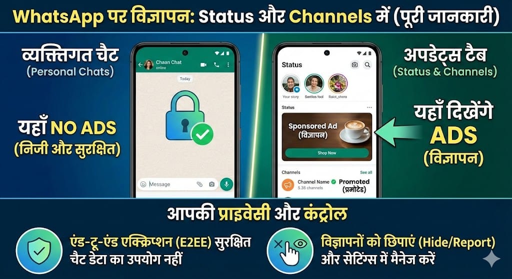 WhatsApp Status और Channels पर दिखने लगे Ads: प्राइवेसी और कंट्रोल फीचर्स का पूरा सच जानिए