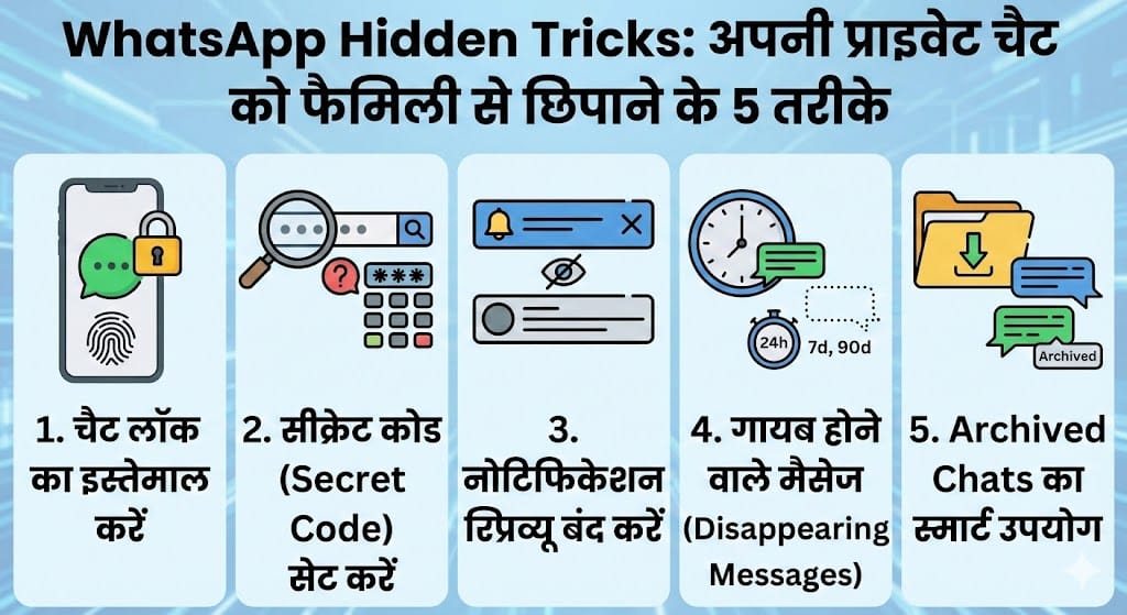 WhatsApp Hidden Tricks: फैमिली से प्राइवेट चैट छिपाने के 5 जादुई तरीके और प्राइवेसी हैक्स WhatsApp Hidden Tricks: फैमिली से प्राइवेट चैट छिपाने के 5 जादुई तरीके और प्राइवेसी हैक्स