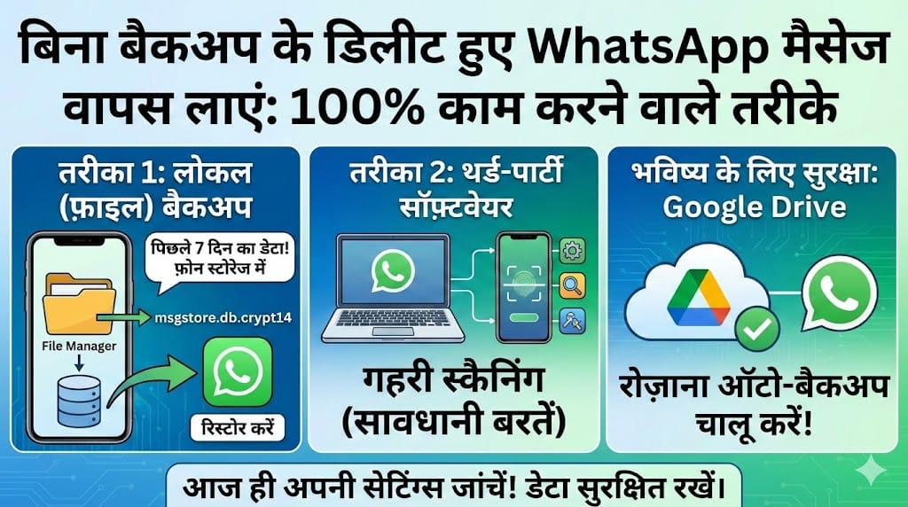 बिना बैकअप के डिलीट हुए WhatsApp मैसेज कैसे वापस लाएं? सीक्रेट ट्रिक्स और काम करने वाले तरीके बिना बैकअप के डिलीट हुए WhatsApp मैसेज कैसे वापस लाएं?