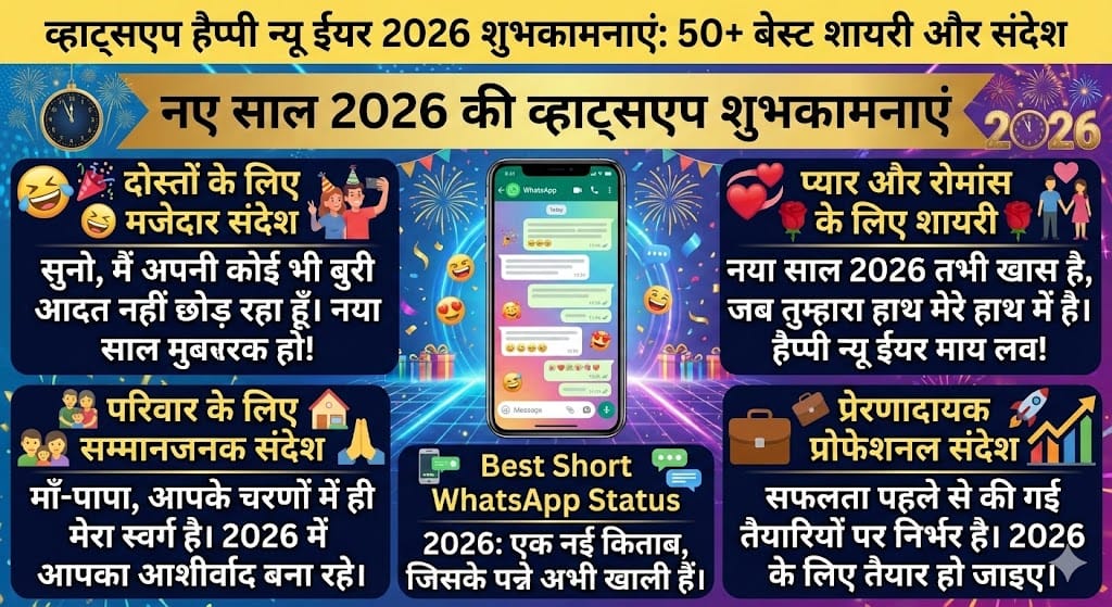 WhatsApp Happy New Year 2026 Wishes: हिंदी में भेजें ये 50+ बेस्ट शायरी और संदेश WhatsApp Happy New Year 2026 Wishes