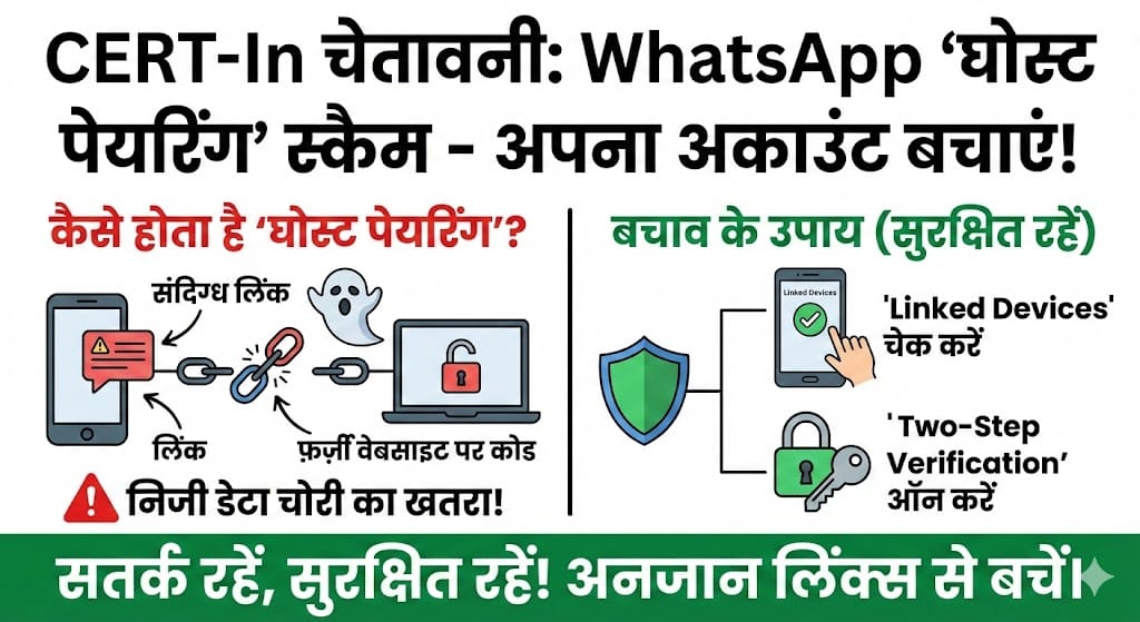 WhatsApp Hack Alert: क्या है Ghost Pairing Scam? CERT-In की चेतावनी और बचाव के उपाय generate infographic Blog Post image related to this article in HINDI. IMAGE TXT SHOULD BE LARGE AND GRAPGICS SHOULD BE MORE VISIBLE. LIKE BLOG POST IMAGE. AND USE ARTICLE RELATED IMAGE IN INFOGRAPHIC. only generate image.
