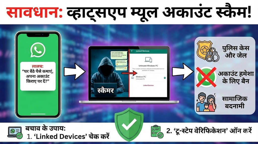 WhatsApp Mule Account Scam: पैसे के लालच में न दें अपना अकाउंट, वरना होगी जेल! | Tech Tips 2026 WhatsApp Mule Account Scam: पैसे के लालच में न दें अपना अकाउंट, वरना होगी जेल! | Tech Tips 2026