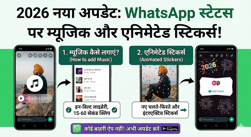 2026 में WhatsApp स्टेटस पर म्यूजिक और एनिमेटेड स्टिकर्स कैसे लगाएं?
