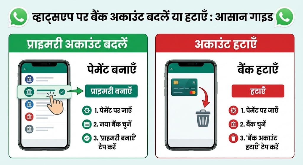 WhatsApp Bank Account Tips: WhatsApp से बैंक अकाउंट बदलने और हटाने का सबसे आसान और सुरक्षित तरीका WhatsApp Bank Account Tips: WhatsApp से बैंक अकाउंट बदलने और हटाने का सबसे आसान और सुरक्षित तरीका