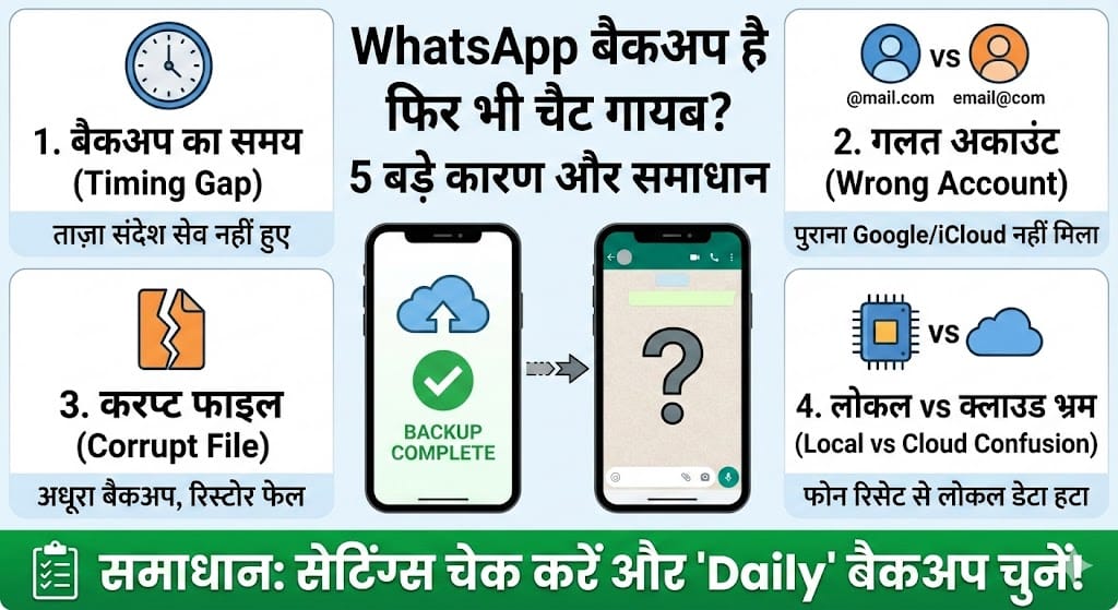 WhatsApp Backup है फिर भी चैट गायब? जानें 5 बड़े कारण और वापस लाने का पक्का तरीका