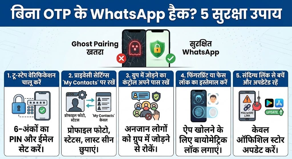 WhatsApp Hacking Alert: बिना OTP के हैक हो सकता है अकाउंट! जानें 5 सुरक्षा टिप्स WhatsApp Hacking Alert: बिना OTP के हैक हो सकता है अकाउंट! जानें 5 सुरक्षा टिप्स