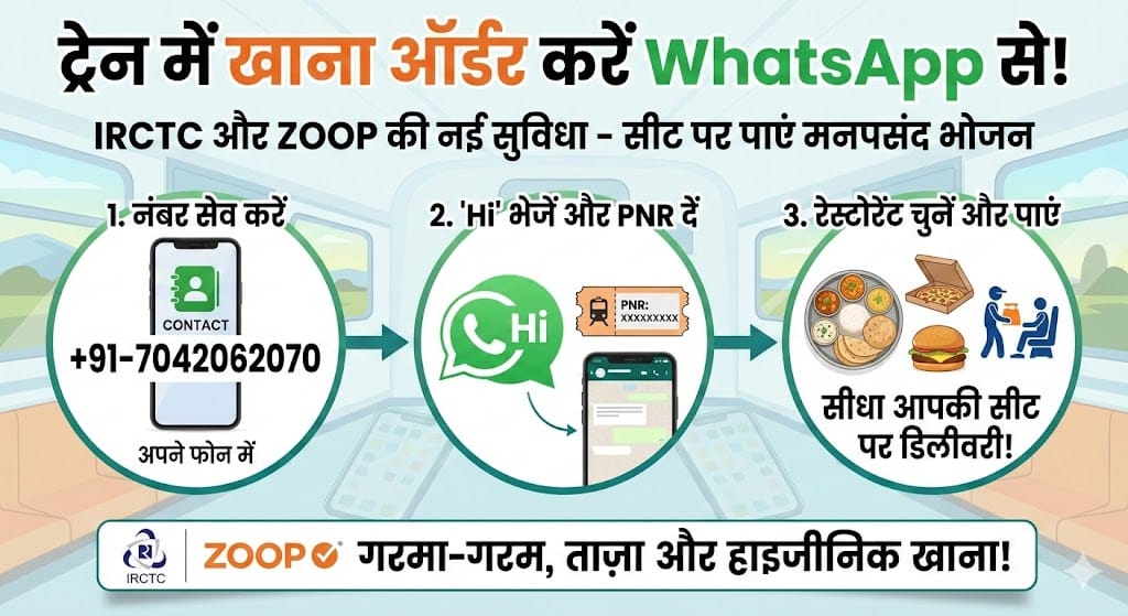 IRCTC Zoop WhatsApp Food Order: अब ट्रेन में WhatsApp से मंगाएं मनपसंद खाना, जानें पूरा तरीका IRCTC Zoop WhatsApp Food Order: अब ट्रेन में WhatsApp से मंगाएं मनपसंद खाना, जानें पूरा तरीका