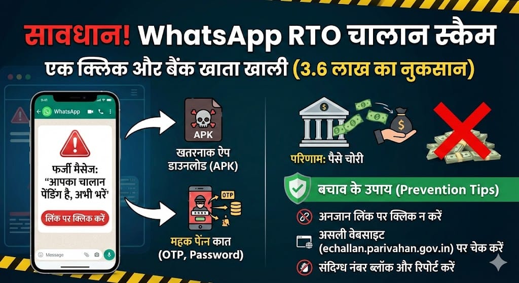 WhatsApp RTO Challan Scam: एक क्लिक और 3.6 लाख रुपये गायब! जानिए कैसे बचें इस खतरनाक फ्रॉड से WhatsApp RTO Challan Scam: एक क्लिक और 3.6 लाख रुपये गायब! जानिए कैसे बचें इस खतरनाक फ्रॉड से