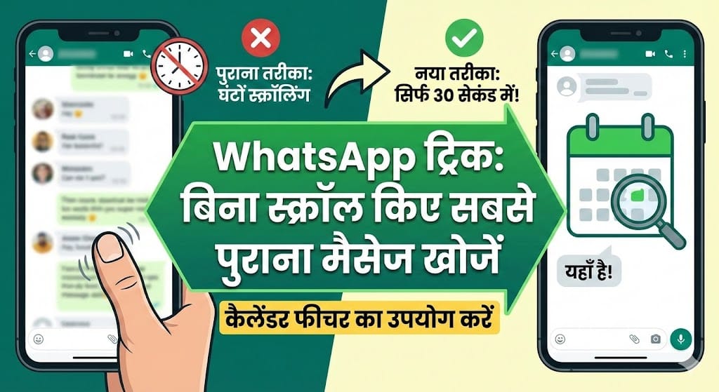 WhatsApp Trick: सिर्फ 30 सेकंड में बिना स्क्रॉल किए खोजें सबसे पुराना चैट मैसेज! WhatsApp Trick: सिर्फ 30 सेकंड में बिना स्क्रॉल किए खोजें सबसे पुराना चैट मैसेज!