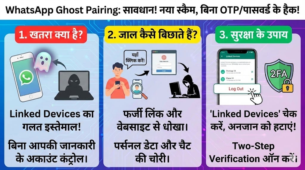 WhatsApp Ghost Pairing Scam Alert: बिना OTP आपका अकाउंट हो सकता है खाली! जानें बचने का एकमात्र तरीका WhatsApp Ghost Pairing Scam Alert: बिना OTP आपका अकाउंट हो सकता है खाली! जानें बचने का एकमात्र तरीका