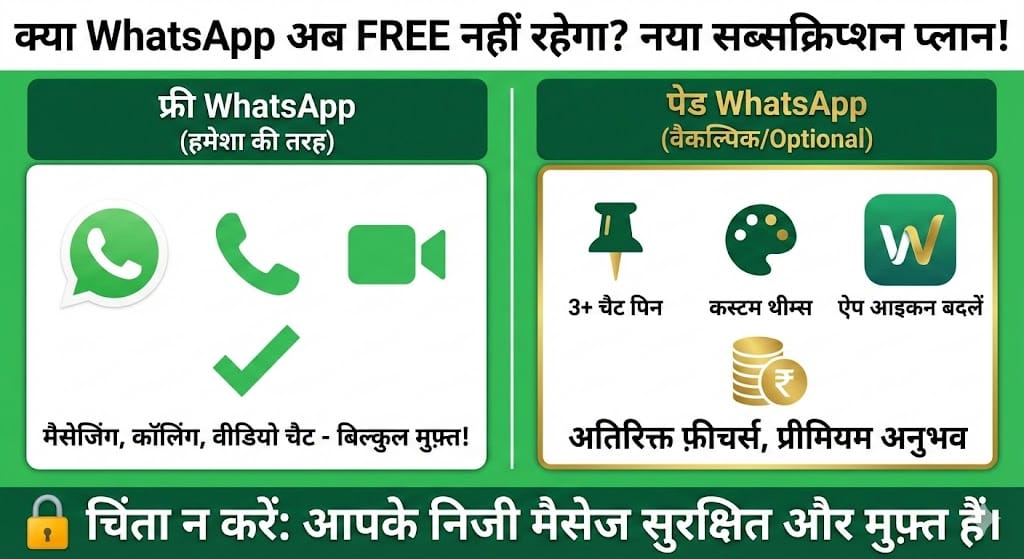 WhatsApp Update: क्या WhatsApp अब फ्री नहीं रहेगा? जानिए नए Paid Subscription Plan की पूरी सच्चाई WhatsApp Update: क्या WhatsApp अब फ्री नहीं रहेगा? जानिए नए Paid Subscription Plan की पूरी सच्चाई