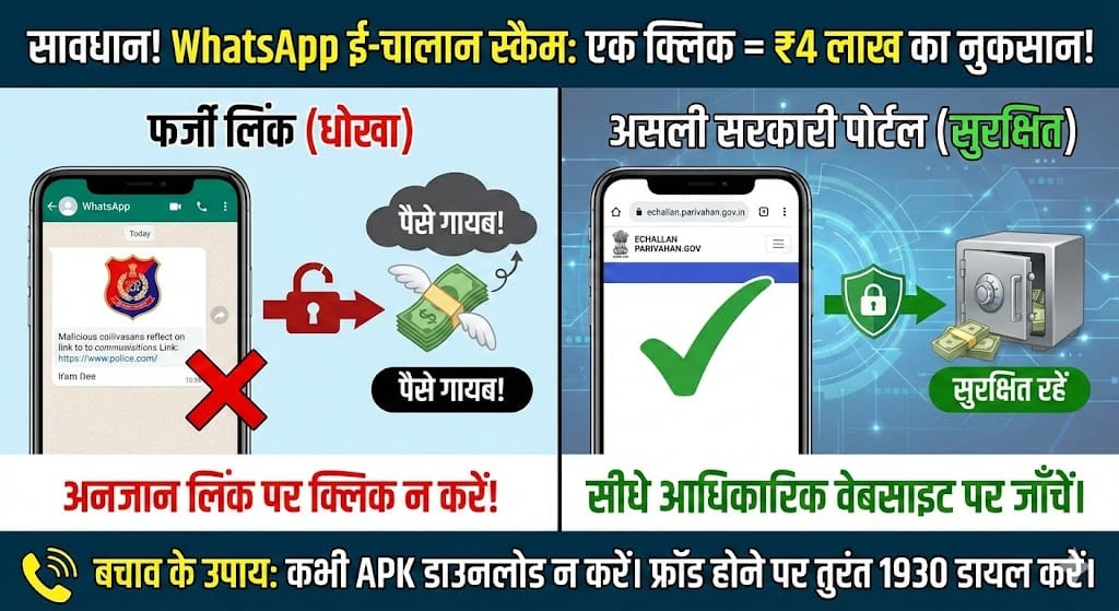WhatsApp E-Challan Scam Alert: एक Message, एक क्लिक और खाते से ₹4 लाख गायब! जानिए कैसे बचें इस खतरनाक ऑनलाइन फ्रॉड से WhatsApp E-Challan Scam: एक क्लिक और 4 लाख गायब! जानिए कैसे बचें