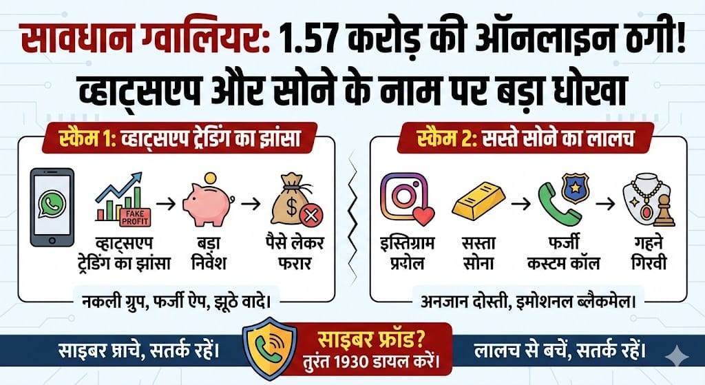 सावधान: एक क्लिक और खाते से 1.57 करोड़ गायब! व्हाट्सएप ट्रेडिंग और सस्ते सोने के नाम पर ग्वालियर में सबसे बड़ी डिजिटल डकैती सावधान: एक क्लिक और खाते से 1.57 करोड़ गायब! व्हाट्सएप ट्रेडिंग और सस्ते सोने के नाम पर ग्वालियर में सबसे बड़ी डिजिटल डकैती