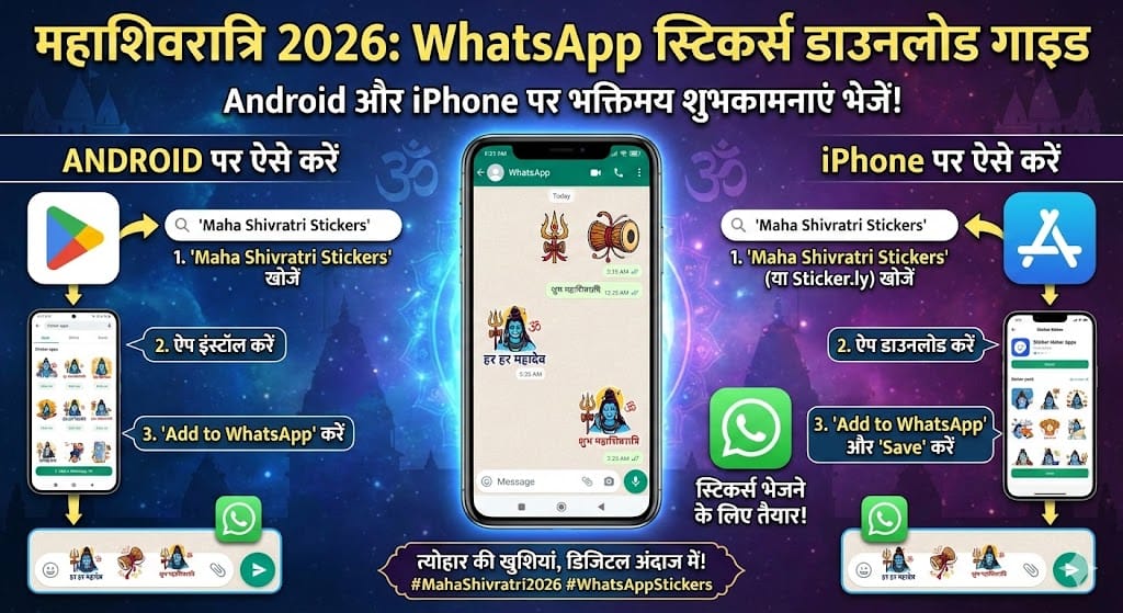 Maha Shivratri 2026: WhatsApp Stickers कैसे डाउनलोड करें? Android और iPhone यूजर्स के लिए पूरी जानकारी Maha Shivratri 2026: WhatsApp Stickers कैसे डाउनलोड करें? Android और iPhone यूजर्स के लिए पूरी जानकारी