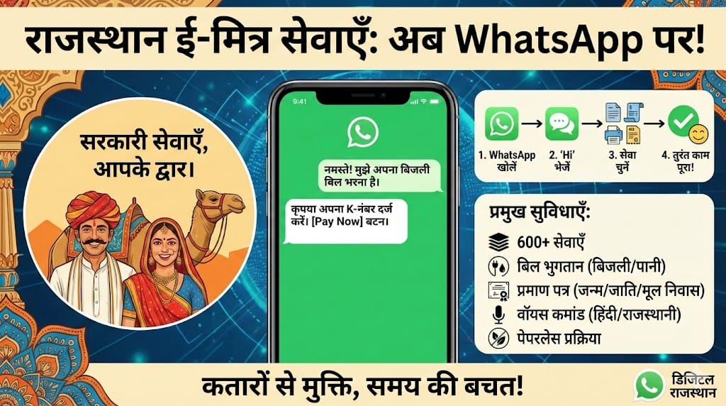 Rajasthan e-Mitra Services on WhatsApp: अब घर बैठे WhatsApp पर मिलेंगी 600+ सरकारी सेवाएं, जानें पूरी प्रक्रिया Rajasthan e-Mitra Services on WhatsApp: अब घर बैठे WhatsApp पर मिलेंगी 600+ सरकारी सेवाएं, जानें पूरी प्रक्रिया