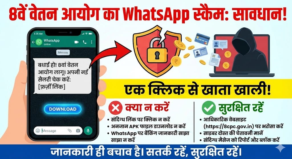 WhatsApp Scam Alert: 8वें वेतन आयोग के नाम पर हो रही ठगी, एक मैसेज से खाली हो सकता है खाता WhatsApp Scam Alert: 8वें वेतन आयोग के नाम पर हो रही ठगी, एक मैसेज से खाली हो सकता है खाता