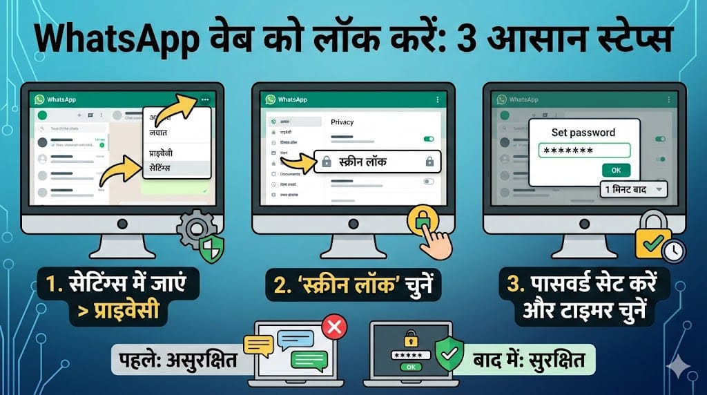 WhatsApp Web Lock: अपने पर्सनल चैट्स को पासवर्ड से कैसे सुरक्षित करें? WhatsApp Web Lock: अपने पर्सनल चैट्स को पासवर्ड से कैसे सुरक्षित करें?