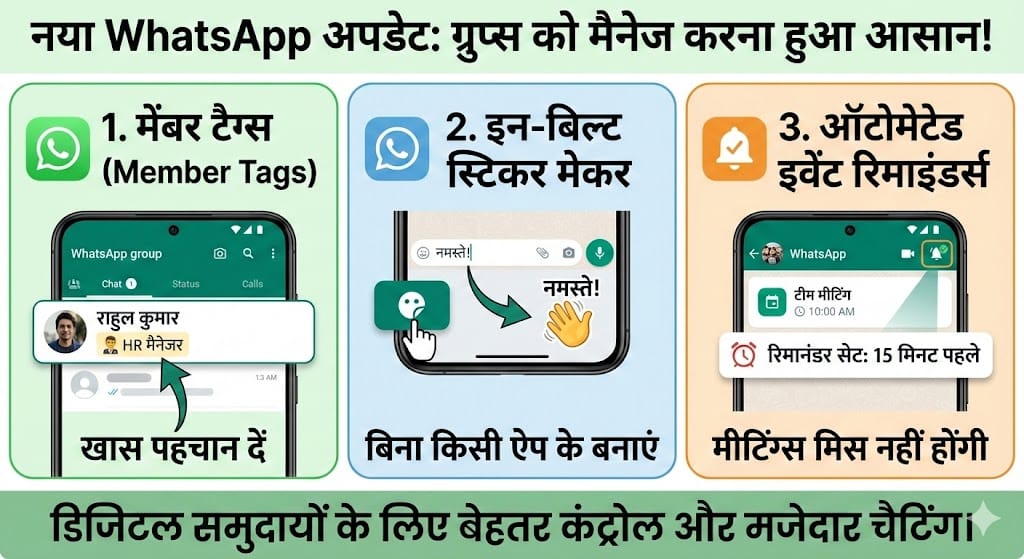 WhatsApp Update 2026: अब ग्रुप में लगाएं Member Tags और बनाएं खुद के Stickers – पूरी जानकारी WhatsApp Update 2026: अब ग्रुप में लगाएं Member Tags और बनाएं खुद के Stickers – पूरी जानकारी