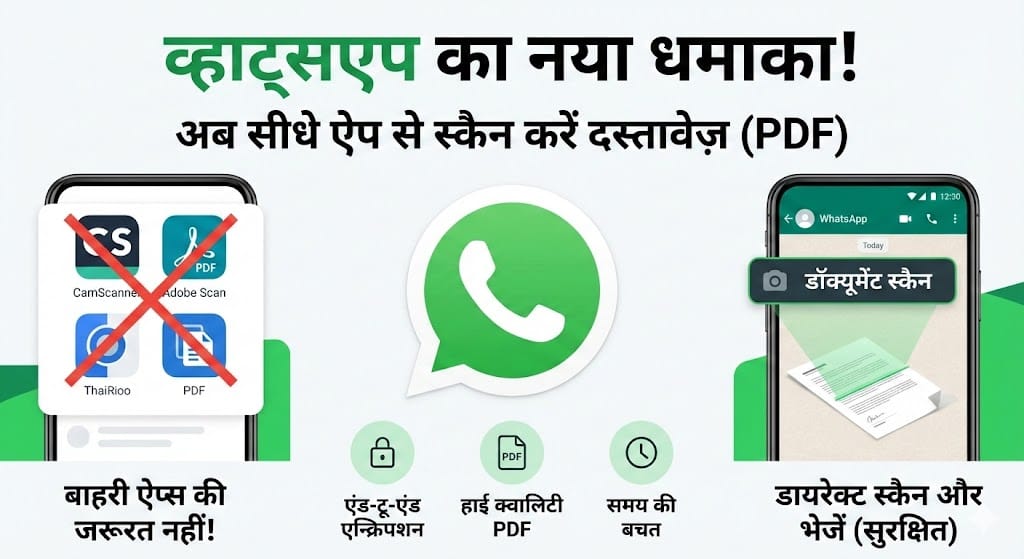 WhatsApp में आया धांसू फीचर! अब चुटकियों में बनाएं PDF, स्टूडेंट्स और ऑफिस वालों के लिए बड़ी खुशखबरी WhatsApp Big Update: अब बिना किसी ऐप के स्कैन करें फोटो और डॉक्यूमेंट्स, जान लें यह नया जादुई तरीका