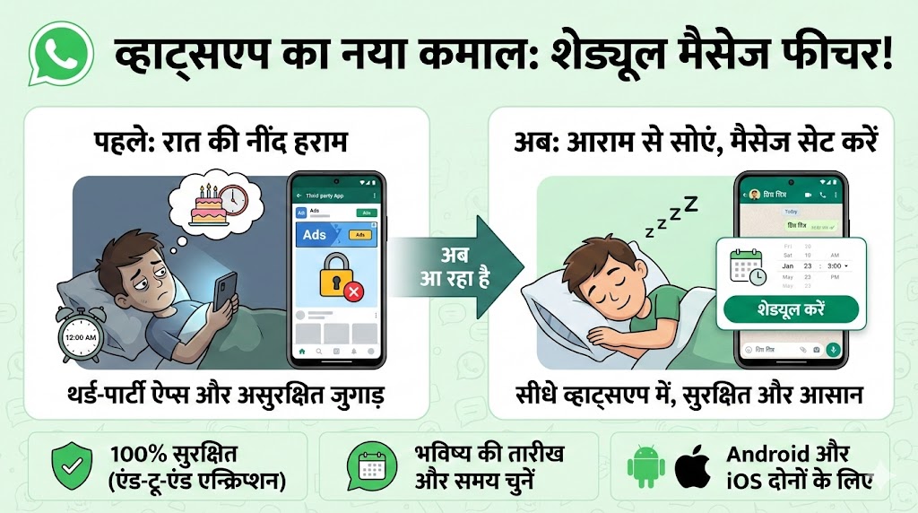 WhatsApp में आ रहा है कमाल का शेड्यूल मैसेज फीचर: अब रात में जागे बिना भेजें WhatsApp मैसेज