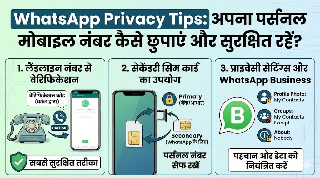 WhatsApp Privacy Tips: अपना पर्सनल मोबाइल नंबर कैसे छुपाएं और सुरक्षित रहें? WhatsApp Privacy Tips: अपना पर्सनल मोबाइल नंबर कैसे छुपाएं और सुरक्षित रहें?