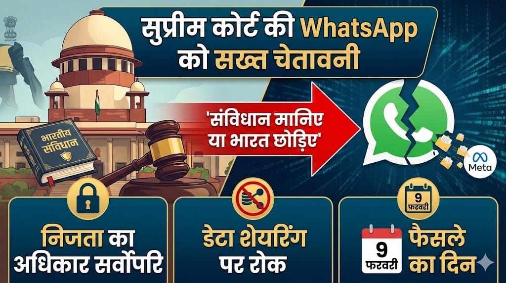 सुप्रीम कोर्ट का WhatsApp पर बड़ा फैसला: 'संविधान मानिए या भारत छोड़िए' - 9 फरवरी को आएगा आदेश सुप्रीम कोर्ट का WhatsApp पर बड़ा फैसला: 'संविधान मानिए या भारत छोड़िए' - 9 फरवरी को आएगा आदेश