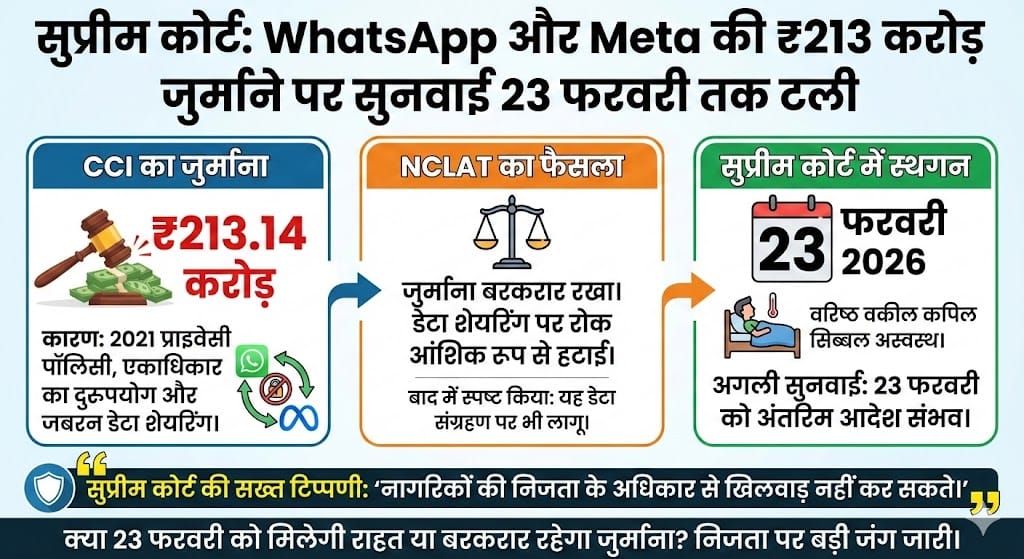 WhatsApp पर 213 करोड़ का जुर्माना: सुप्रीम कोर्ट ने 23 फरवरी तक टाली सुनवाई, जानें पूरा सच WhatsApp पर 213 करोड़ का जुर्माना: सुप्रीम कोर्ट ने 23 फरवरी तक टाली सुनवाई, जानें पूरा सच