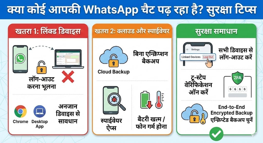 WhatsApp Safety Alert: कहीं आपकी चैट कोई और तो नहीं पढ़ रहा? जानिए चेक करने का तरीका WhatsApp Safety Alert: कहीं आपकी चैट कोई और तो नहीं पढ़ रहा? जानिए चेक करने का तरीका