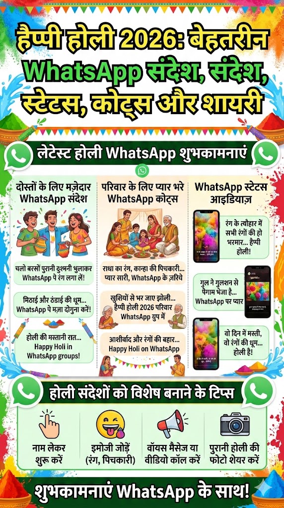 Happy Holi 2026: बेहतरीन WhatsApp मैसेज, कोट्स और विशेज से अपनों को दें बधाई Happy Holi 2026: बेहतरीन WhatsApp मैसेज, कोट्स और विशेज से अपनों को दें बधाई